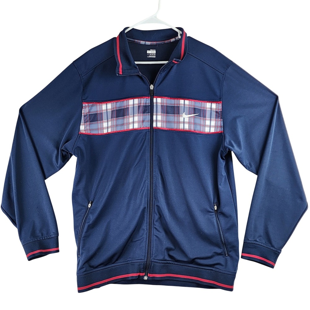 Nike FIT DRY Track‎ Jacket Mens XXL Navy Blue Plaid Chest Full Zip Athletic Coat